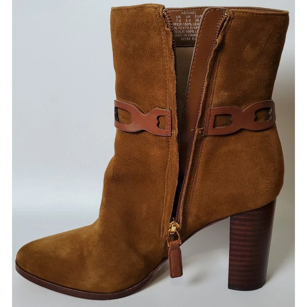 Ralph Lauren Abigael Brown Suede Leather‎ Booties Block Heel Classic Equestrian